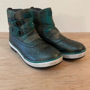 UGG women’s 9 green & black plaid fleece lined double side buckle ankle boots